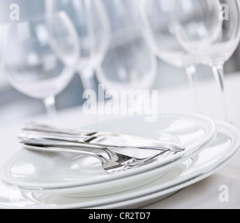 Ristorante elegante messa in tavola con piatti e posate stemware Foto Stock