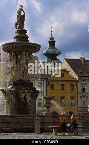 Repubblica ceca, della Boemia Meridionale, Ceske Budejovice, fontana sulla piazza del municipio Foto Stock