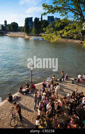 Francia, Parigi, Ile de la Cite, pic-nic durante le serate estive sulle rive della Senna elencati dall'UNESCO Patrimonio dell'umanità Foto Stock