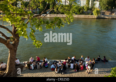 Francia, Parigi, Ile de la Cite, pic-nic durante le serate estive sulle rive del fiume Senna Patrimonio Mondiale UNESCO Foto Stock