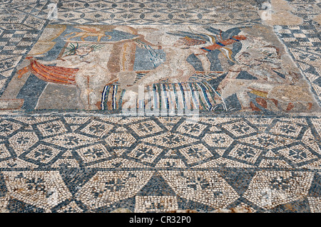 Pavimento a mosaico, Diana e le ninfe di balneazione, scavo archeologico della antica città romana di Volubilis Foto Stock