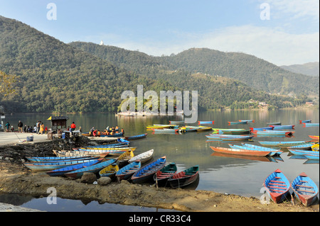 Barche a remi, vista del lago Phewa, Pokhara, Nepal, Asia Foto Stock