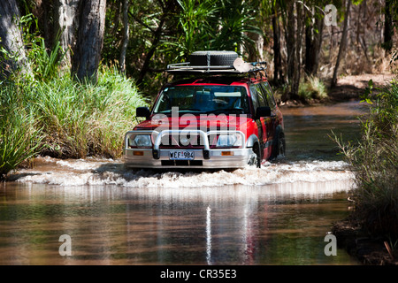 Veicolo a quattro ruote che attraversa un fiume nel Parco Nazionale di Litchfield, Territorio del Nord, l'Australia Foto Stock