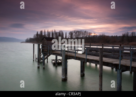 Marina in Hornstaad sul Lago di Costanza al tramonto, Baden-Wuerttemberg, Germania, Europa Foto Stock