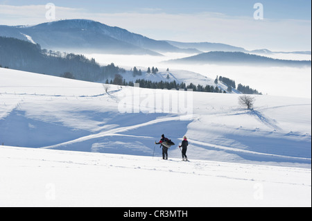 Gli escursionisti con racchette da neve a piedi su Schauinsland montagna vicino a Freiburg im Breisgau, Foresta Nera mountain range, Baden-Wuerttemberg Foto Stock