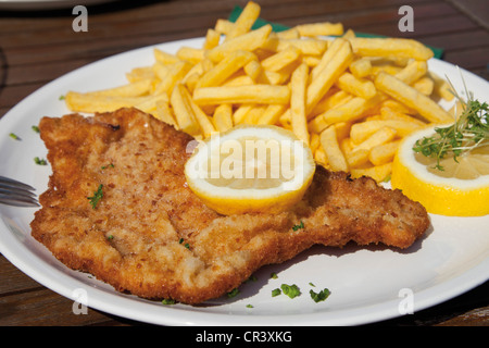 La Wiener Schnitzel con patate fritte Foto Stock