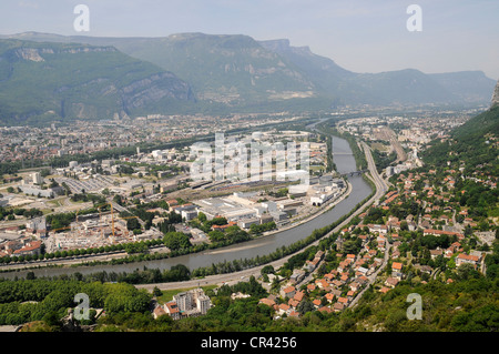 Vista da Fort de la Bastille oltre il fiume Isère, Grenoble, Rhone-Alpes, Francia, Europa Foto Stock