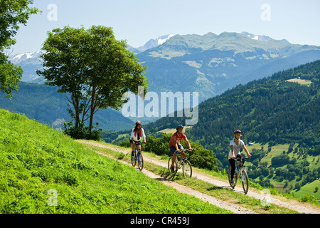 Francia, Savoie, Valmorel, mountain bike sopra Quarante-Planes e vista sulla Haute Tarentaise Foto Stock