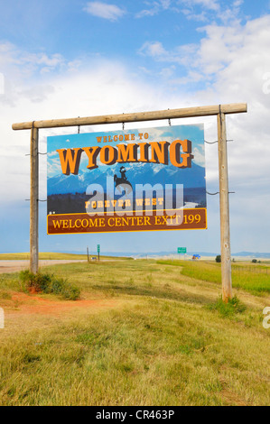 Benvenuti al Wyoming segno ci confine ovest selvaggio Foto Stock