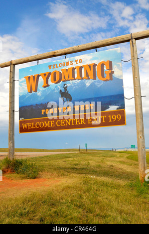 Benvenuti al Wyoming segno ci confine ovest selvaggio Foto Stock