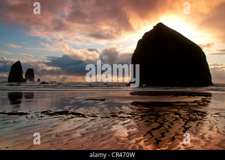 Sunset silouttes Haystack Rock e gli aghi sulla spiaggia di Canon lungo la Pacific Northwest di Oregon. Foto Stock