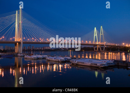 Russia, San Pietroburgo, Big Obukhovsky sospeso con cavi di ponte e porto Foto Stock