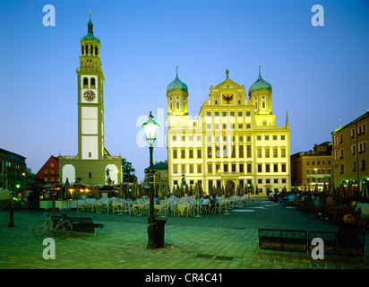 Torre Perlachturm e il municipio, costruito da E. Holl, 1618-1629, Augsburg, bavarese di Svevia, Baviera, Germania, Europa Foto Stock