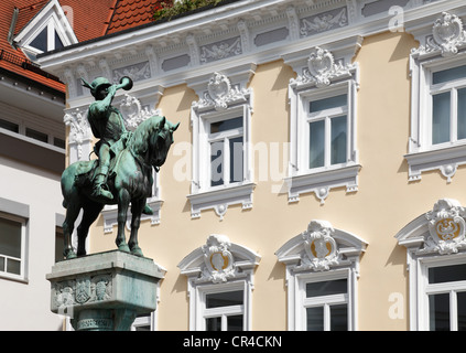 Fontana Postmichelbrunnen, all'angolo di Ritterstrasse street e Fischbrunnenstrasse street, Esslingen am Neckar Foto Stock