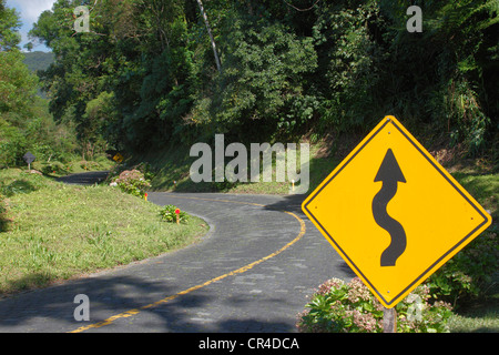 Strada tortuosa cartello segnaletico, Estrada da Graciosa, vecchia strada tra Morretes sulla costa e Curitiba sul plateau, Parana Foto Stock