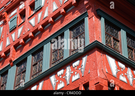 Municipio, storico a struttura mista in legno e muratura edificio costruito tra il 1556 e 1557, vista dettagliata, Marktplatz square, Grossbottwar Foto Stock