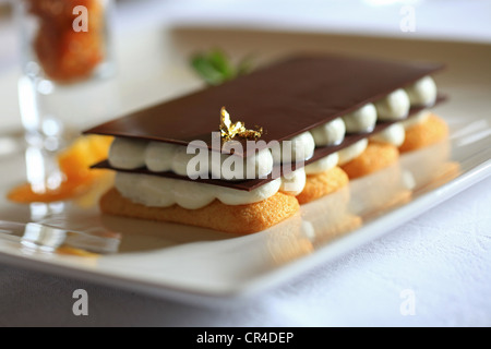 Francia, Vaucluse, Lourmarin, La Feniere Inn, ristorante, Reine Sammut, granito caffè aromatizzati e mango, biscotti aromatizzati Foto Stock