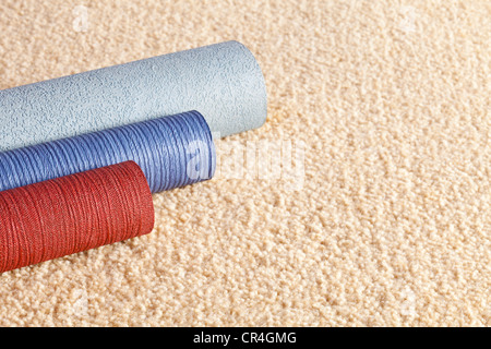 Campione di rotoli di carta da parati su un tappeto di colore chiaro, con copia spazio. Foto Stock