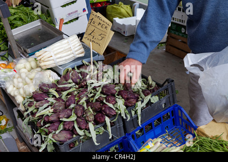 Fruttivendolo su una barca, vendita castraura, carciofi, quartiere di Dorsoduro, Venezia, Veneto, Italia, Europa Foto Stock