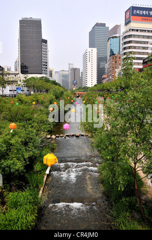 Waterside e verde del flusso Cheonggyecheon Seoul COREA DEL SUD Foto Stock