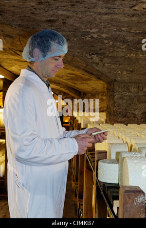 Maestro casaro con righe di formaggio immagazzinata in la stagionatura in cantine di Roquefort Societe, il Roquefort-sur-Soulzon, Aveyron, Foto Stock