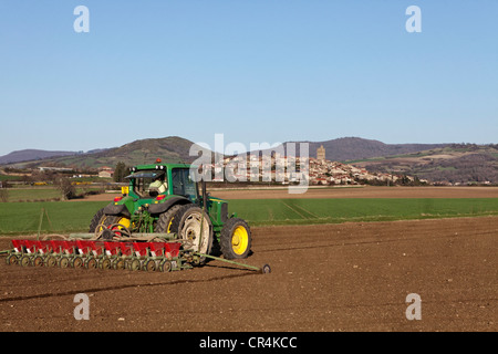 Il trattore in un campo, la bieticoltura, villaggio di Montpeyroux, Limagne pianura, Dipartimento Puy-de-Dôme, Francia, Europa Foto Stock