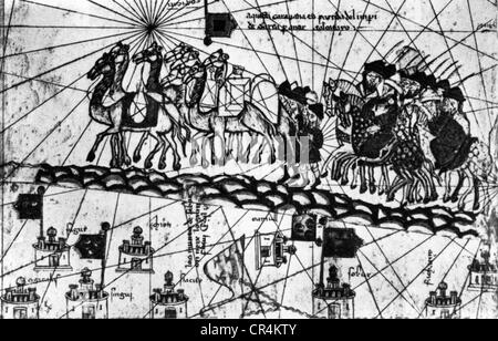 Polo, Marco, 1254 - 8.1.1324, commerciante veneziano, viaggiatore, sulla strada per Cathay, dall'atlante catalano di Abraham Cresques (1375), Foto Stock