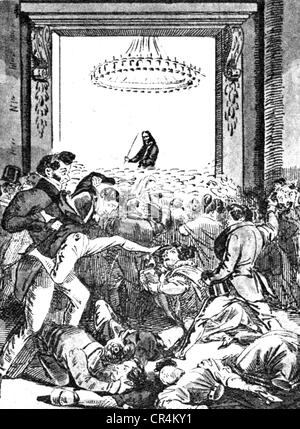 Paganini, Niccolo, 27.10.1782 - 27.5.1840, musicista italiano (violinista), di mezza lunghezza, durante una rappresentazione teatrale, come i Berlins si sforzano di ottenere un violinista, caricatura, Berlino, Germania, 1829, Foto Stock