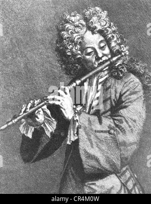 Hotteterre, Jacques-Martin, 'le Romain', 29.9.1674 - 16.7.1763, flautista e compositore francese, suonando flauto, incisione, 18th secolo, Foto Stock
