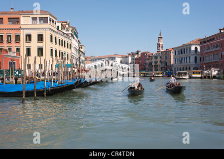 Canal Grande Canal Grande con il ponte di Rialto, gondolieri in gondola veneziana, passando gondole ancorate, Venezia, Italia Foto Stock