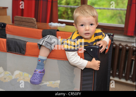 Little Boy, 3 anni, cercando di salire al di fuori di un lettino da viaggio Foto Stock