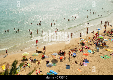 Bagnanti sulla Playa Poniente Beach, il turismo di massa, Benidorm, Costa Blanca, Spagna, Europa Foto Stock