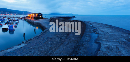 Il Cobb e il porto al tramonto, Lyme Regis. Il Dorset. In Inghilterra. Regno Unito. Foto Stock