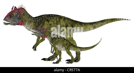 Illustrazione di un adulto e un giovane Cryolophosaurus (specie di dinosauro) isolato su sfondo bianco Foto Stock