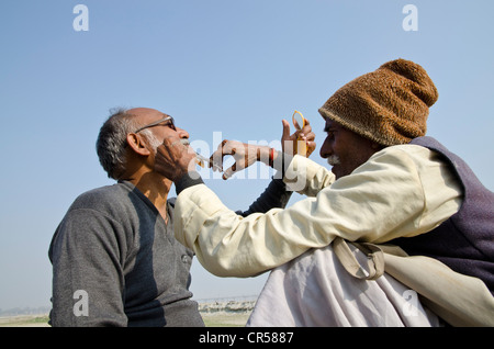 La rasatura della testa come parte di un rituale religioso, eseguita a Sangam, alla confluenza dei fiumi Santo Gange Foto Stock