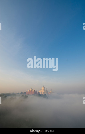 Taj Mahal, Sito Patrimonio Mondiale dell'UNESCO, derivanti dalla nebbia mattutina oltre il fiume Yamuna, Agra, Uttar Pradesh, India, Asia Foto Stock