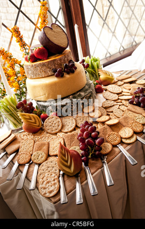 Una torta di formaggio con display di cracker e display di frutta Foto Stock
