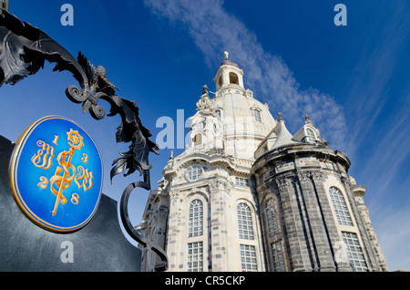 Dettaglio della ricostruita chiesa Frauenkirche, come visto da sud-est, Dresda, Sassonia, Germania, Europa Foto Stock