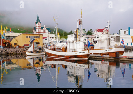 L'Islanda, Nordurland Eystra Regione, Skjalfandi Bay, Husavik, porto e le barche Foto Stock