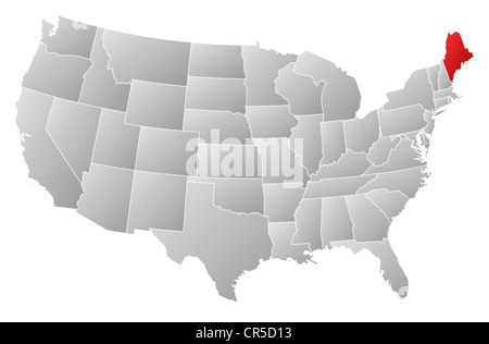 Mappa politica degli Stati Uniti con i vari Stati in cui Maine è evidenziata. Foto Stock