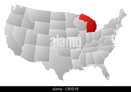 Mappa politica degli Stati Uniti con i vari Stati in cui Michigan è evidenziata. Foto Stock