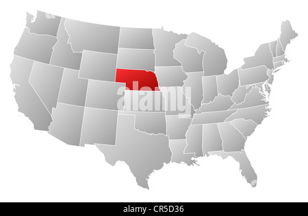 Mappa politica degli Stati Uniti con i vari Stati in cui Nebraska è evidenziata. Foto Stock