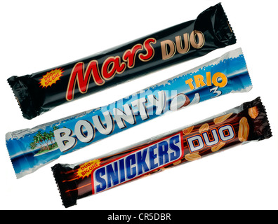 Mars Duo, Trio Bounty e Snickers Duo barrette di cioccolato. Foto Stock