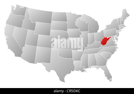 Mappa politica degli Stati Uniti con i vari Stati in cui West Virginia è evidenziata. Foto Stock