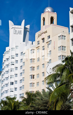 Stati Uniti, Florida, Miami Beach, South Beach, Collins Avenue, alberghi nazionale (1939) e Delano (1947) Foto Stock