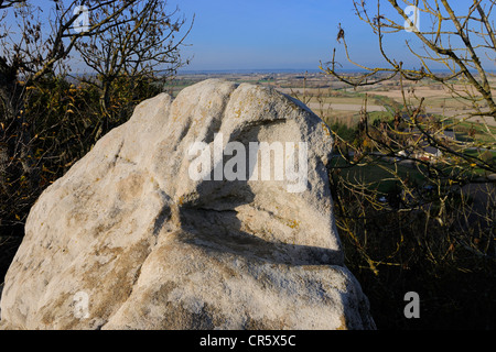 Francia, Ille et Vilaine e della baia di Mont Saint Michel, le Mont Dol, Rocher du Diable (male) rock con il marchio del piede di San Foto Stock