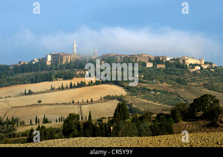 L'Italia, Toscana, Val d'Orcia Patrimonio Mondiale UNESCO, Pienza in background Foto Stock