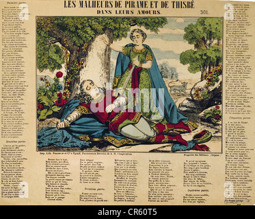 Ovidio (Publio Ovidio naso), 43 a.C. - 17 d.C., autore/scrittore romano, opere, 'Metamorfosi', 'Pyramus e Thisbe', legno colorato, Pellerin, Epinal, circa 1840, collezione privata, , Foto Stock