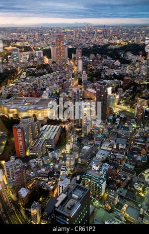 Giappone, isola di Honshu, Tokyo, Roppongi Hills, vista dalla Tokyo City View sul National Art Center e il centro della città al crepuscolo Foto Stock