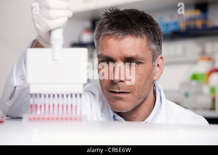 In Germania, in Baviera, Monaco di Baviera, scienziato versando il liquido rosso con pipetta nel vassoio di prova per la ricerca medica in laboratorio Foto Stock